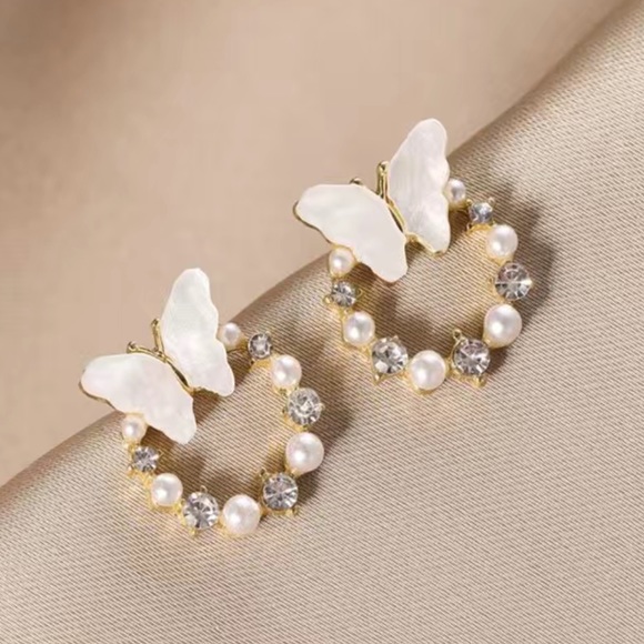 NEW Pearl Diamond Stud Butterfly Earrings